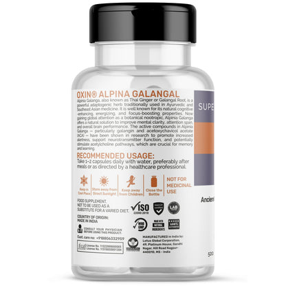 Oxin Nutrition Alpinia Galangal THAI GINGER 1000mg Extract Capsule - Cognitive Support Memory & Focus Mood & Stress