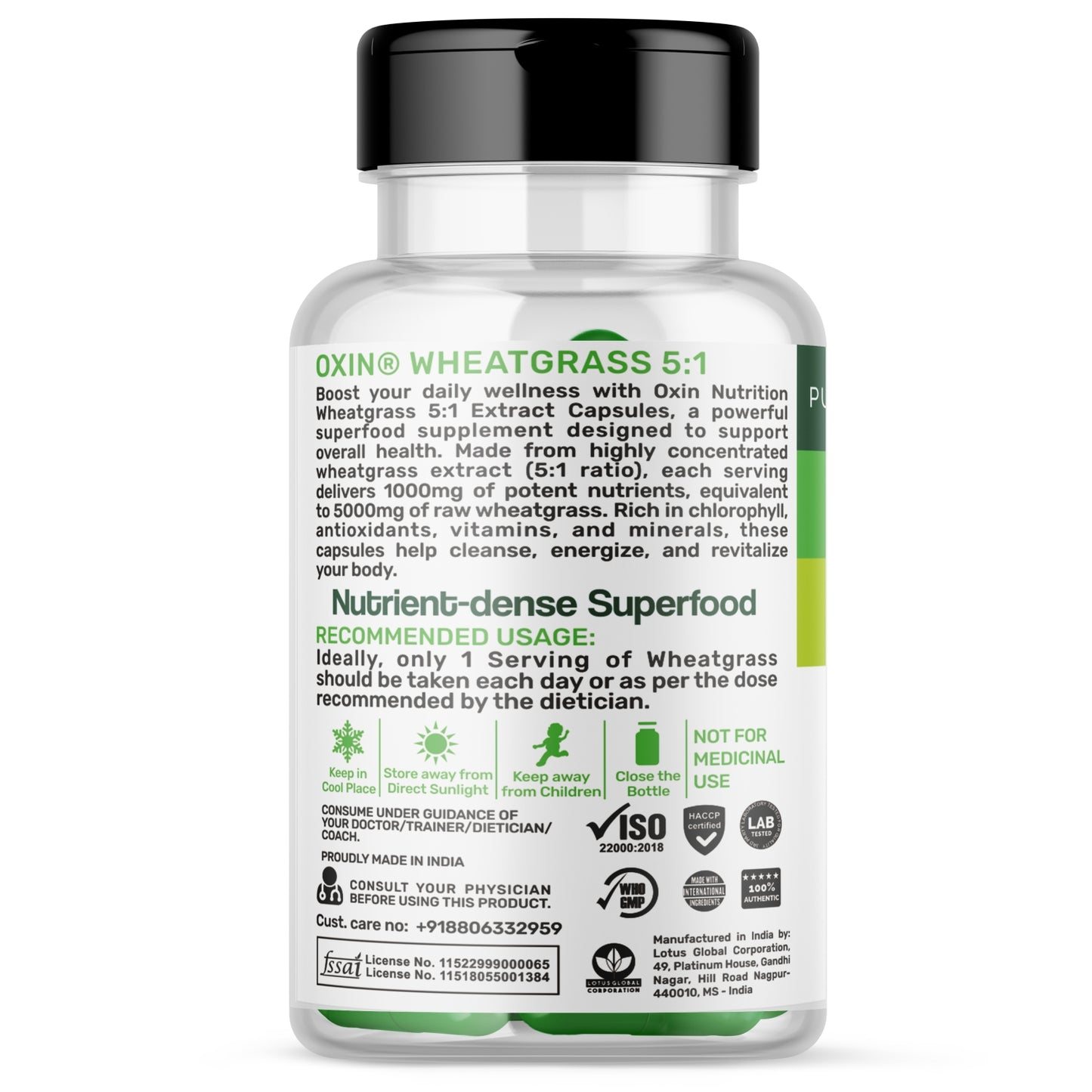 Oxin Nutrition Wheatgrass Supplement 5:1 Capsules 1000mg | Superfood for Detox